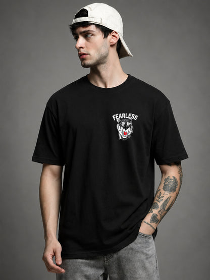 Leotude Black Fearless Printed Oversized Tshirt for Men