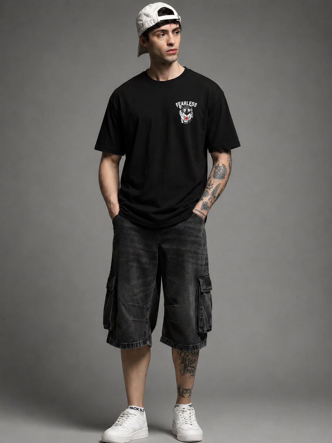 Leotude Black Fearless Printed Oversized Tshirt for Men