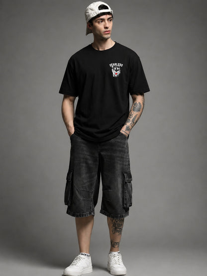 Leotude Black Fearless Printed Oversized Tshirt for Men
