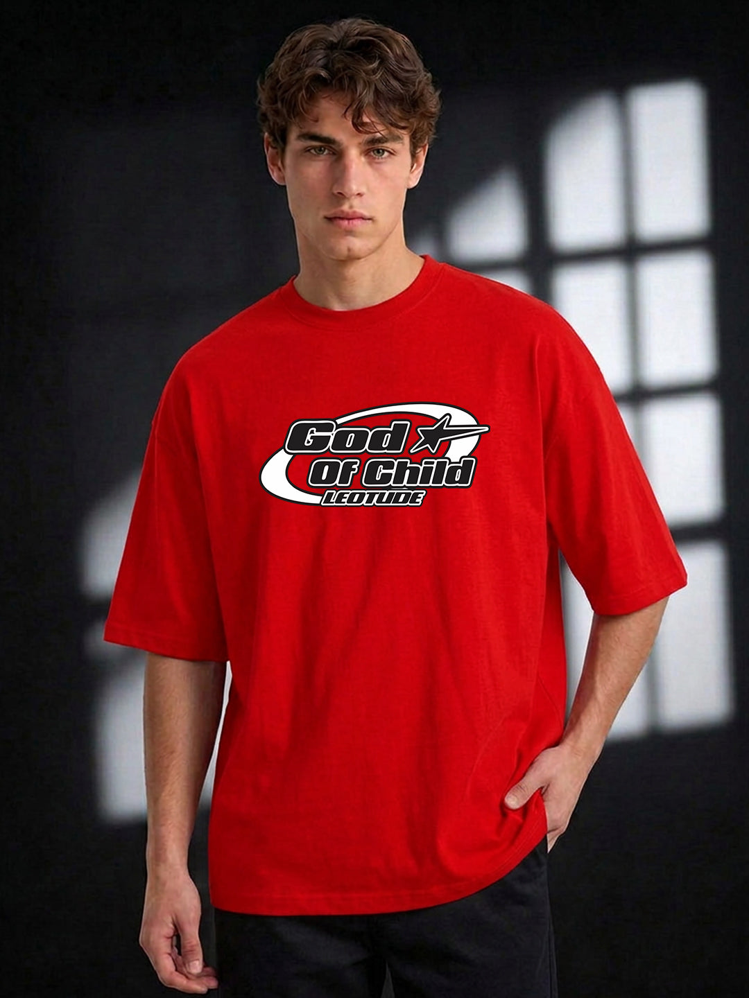 Leotude Men "God Of Child" Red Oversized T-Shirt