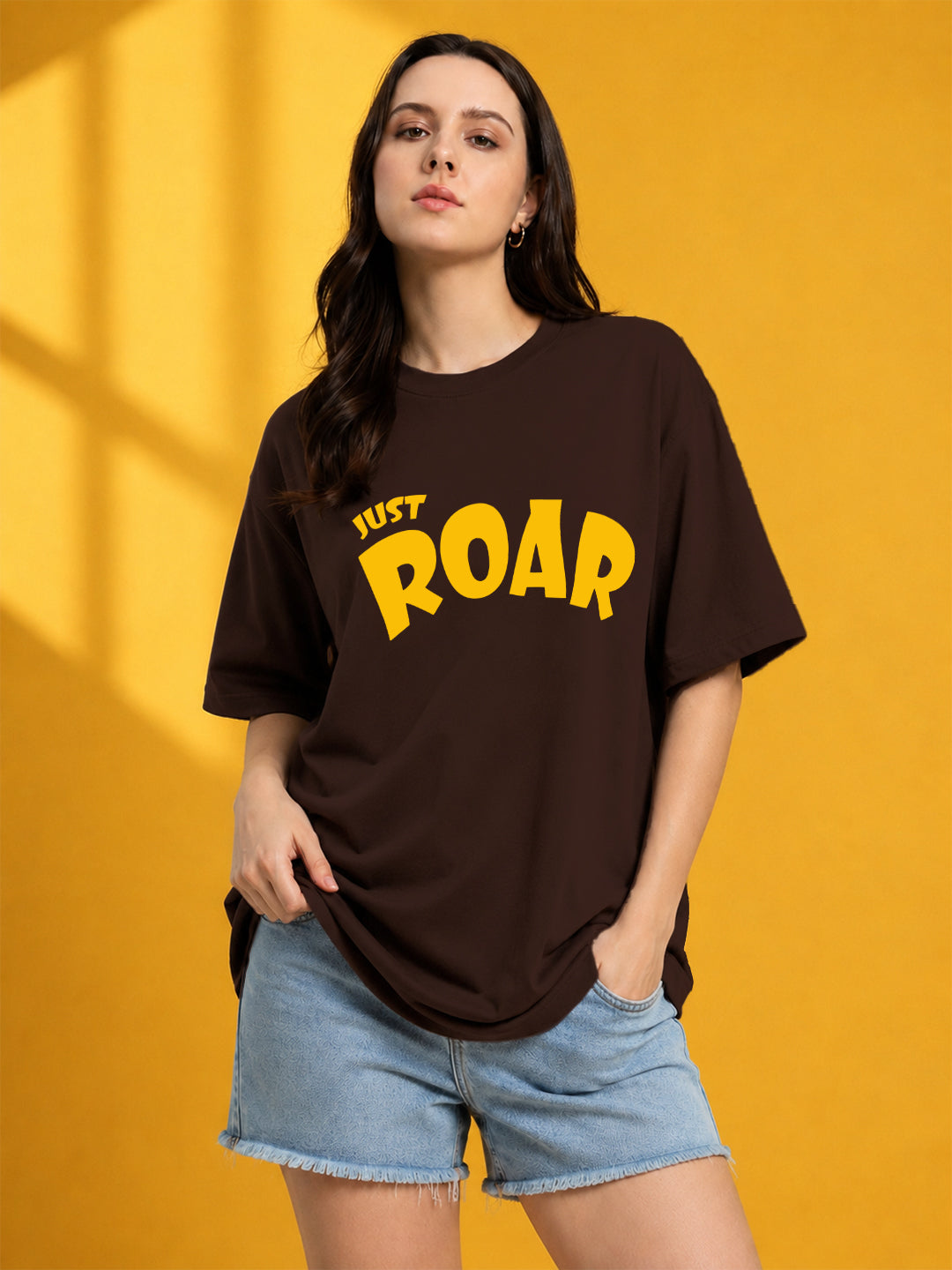 Leotude Brown Just Roar Printed Oversized Tshirt for Women