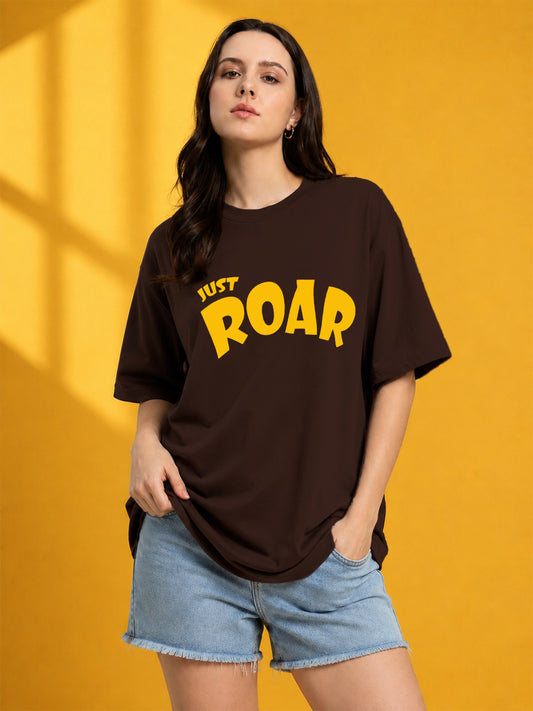 Leotude Brown Just Roar Printed Oversized Tshirt for Women