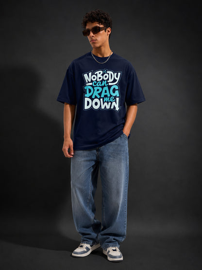 Leotude Men's "Nobody Can Drag Me Down" Printed Oversized T-Shirt — Navy Streetwear Tee