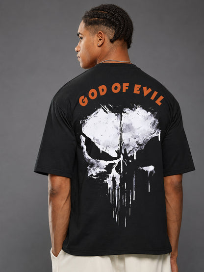 Leotude Men's God of Evil Skull Printed Black Oversized T-Shirt