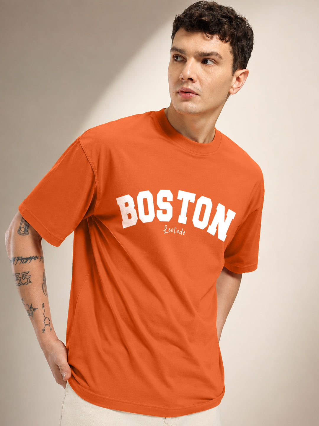 Leotude Men's "Boston" Printed Oversized T-Shirt — Orange Streetwear Tee