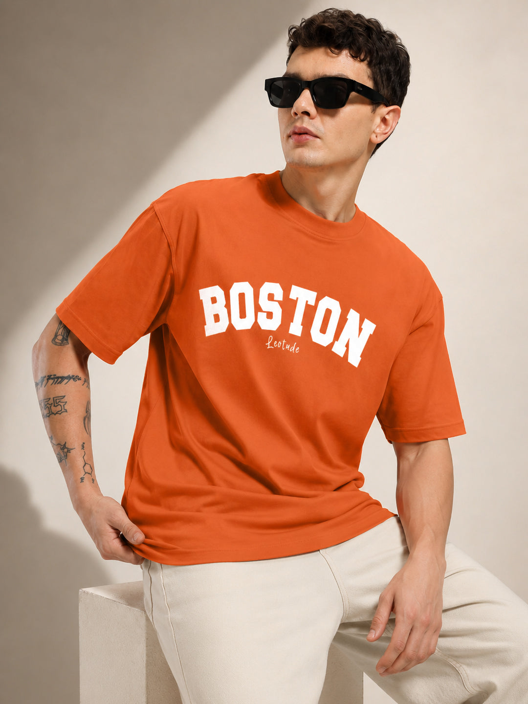 Leotude Men's "Boston" Printed Oversized T-Shirt — Orange Streetwear Tee