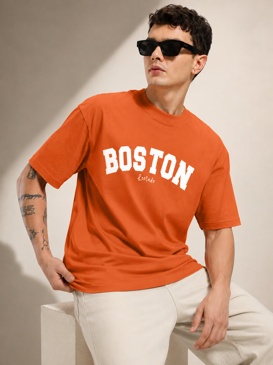 Leotude Men's "Boston" Printed Oversized T-Shirt — Orange Streetwear Tee
