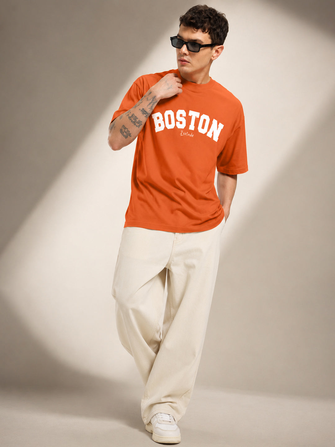 Leotude Men's "Boston" Printed Oversized T-Shirt — Orange Streetwear Tee