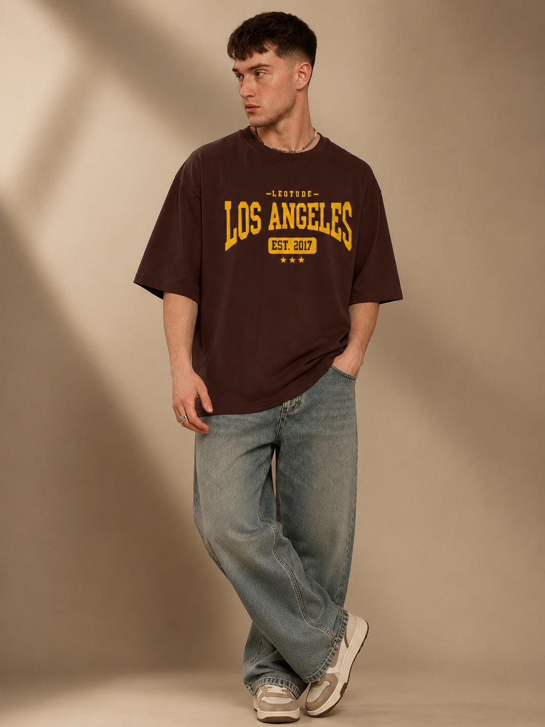 Leotude Men's "Los Angeles" Printed Oversized T-Shirt — Brown Streetwear Tee