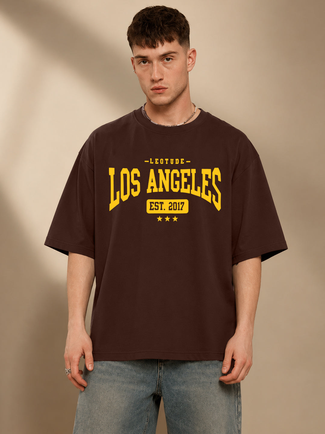 Leotude Men's "Los Angeles" Printed Oversized T-Shirt — Brown Streetwear Tee