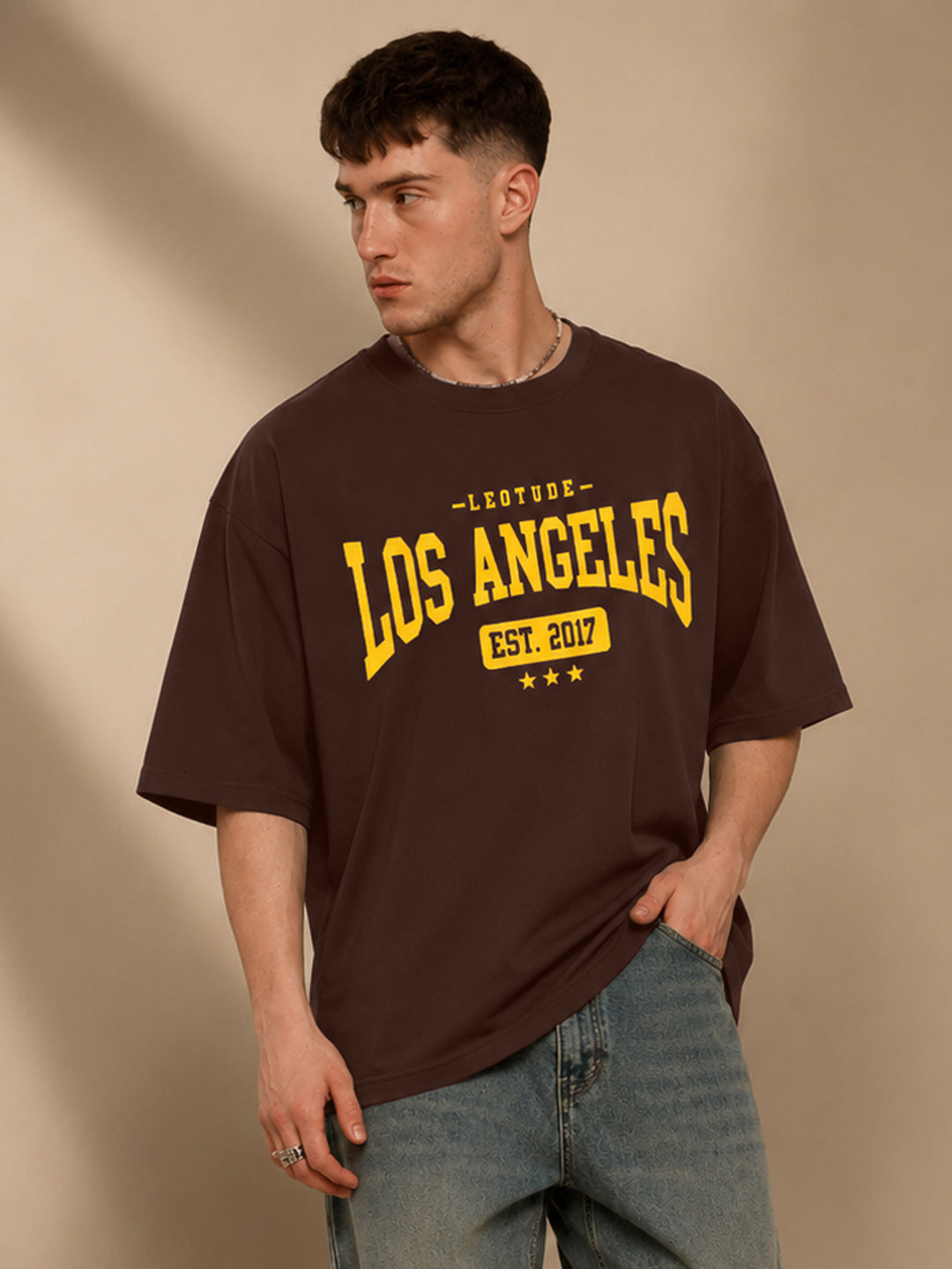 Leotude Men's "Los Angeles" Printed Oversized T-Shirt — Brown Streetwear Tee
