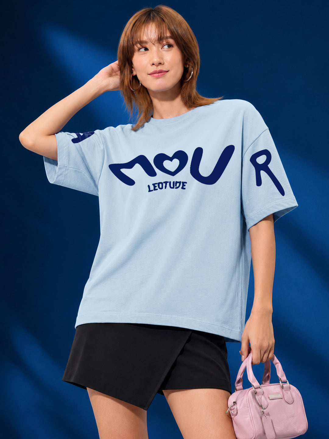 Leotude Light Blue Amour Printed Oversized Tshirt for Women