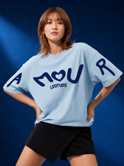 Leotude Light Blue Amour Printed Oversized Tshirt for Women