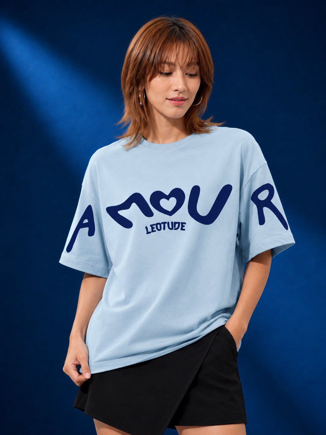 Leotude Light Blue Amour Printed Oversized Tshirt for Women