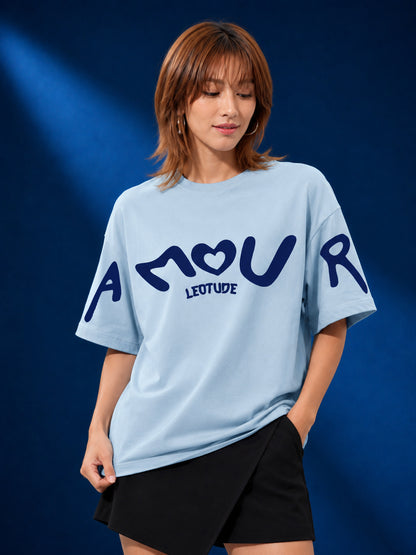 Leotude Light Blue Amour Printed Oversized Tshirt for Women