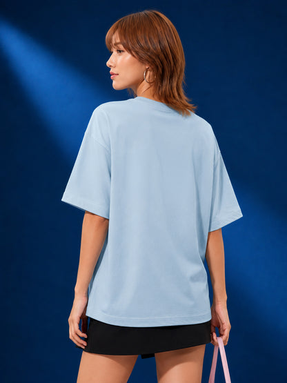 Leotude Light Blue Amour Printed Oversized Tshirt for Women