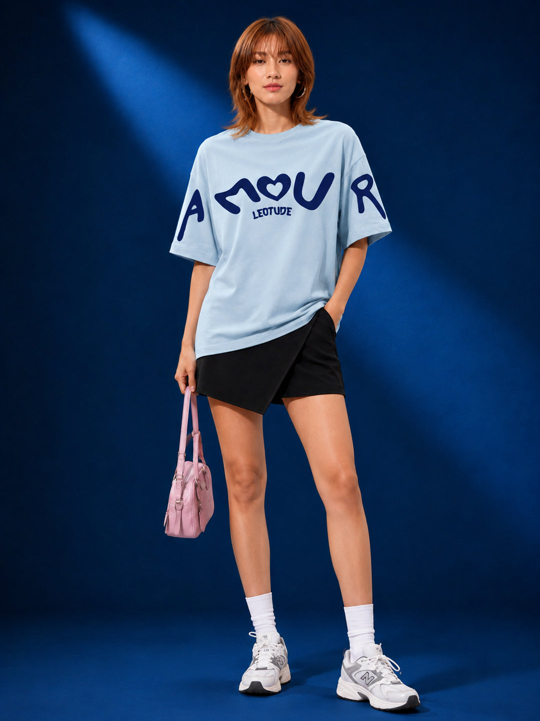 Leotude Light Blue Amour Printed Oversized Tshirt for Women