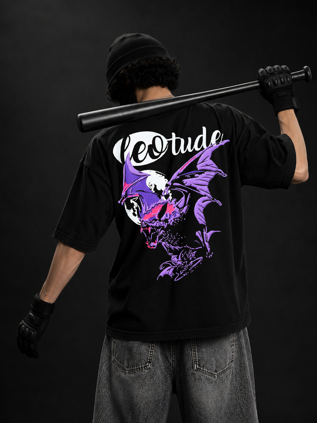 Leotude Men's Black Nightbat Premium Puff Print T-Shirt