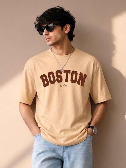 Leotude Men's "Boston" Printed Oversized T-Shirt — Beige Streetwear Tee