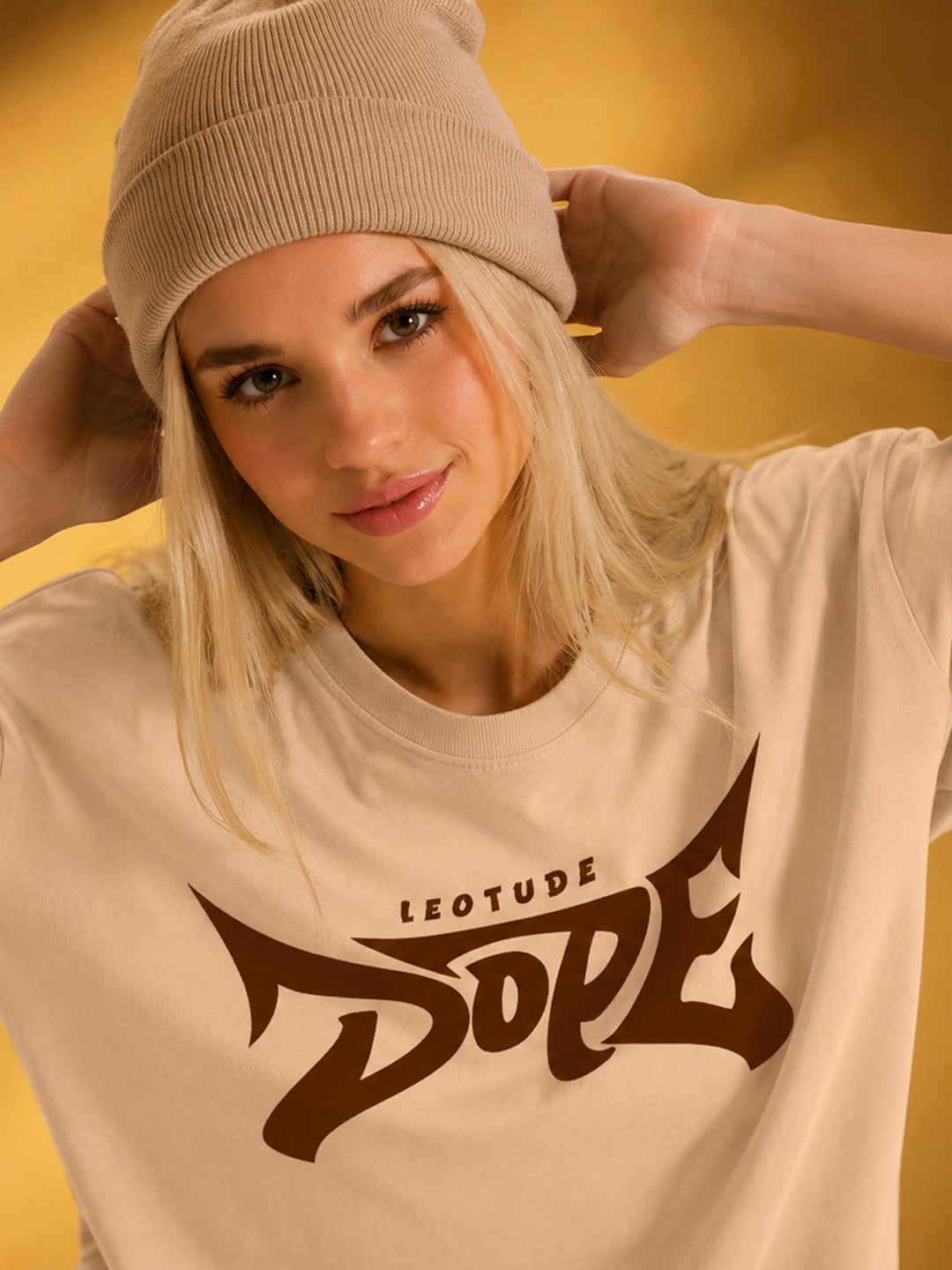 Leotude Beige Dope Printed Oversized Tshirt for Women