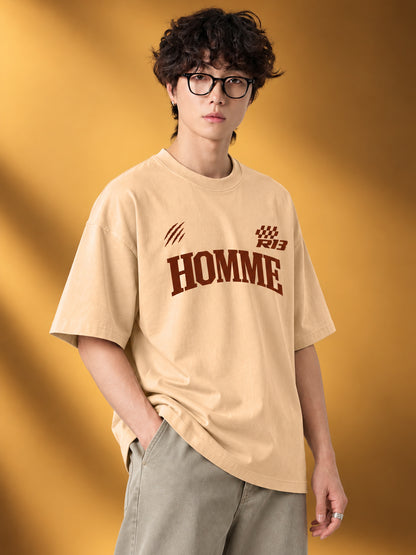 Leotude Men "Homme Motors" Beige Oversized T-Shirt