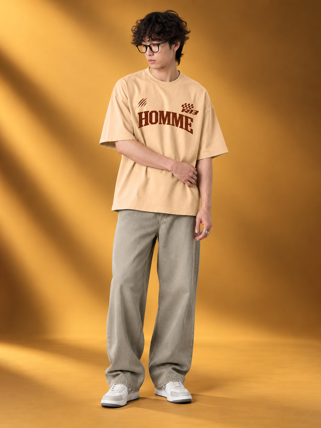 Leotude Men "Homme Motors" Beige Oversized T-Shirt