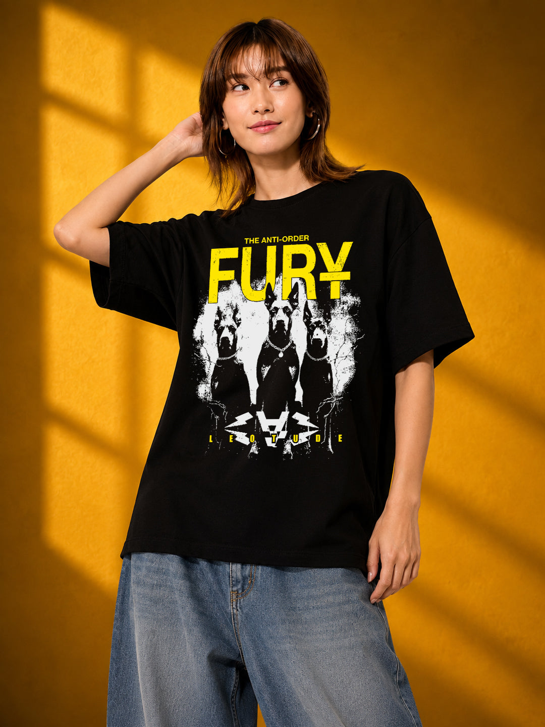 Leotude Black Fury Printed Oversized Tshirt for Women