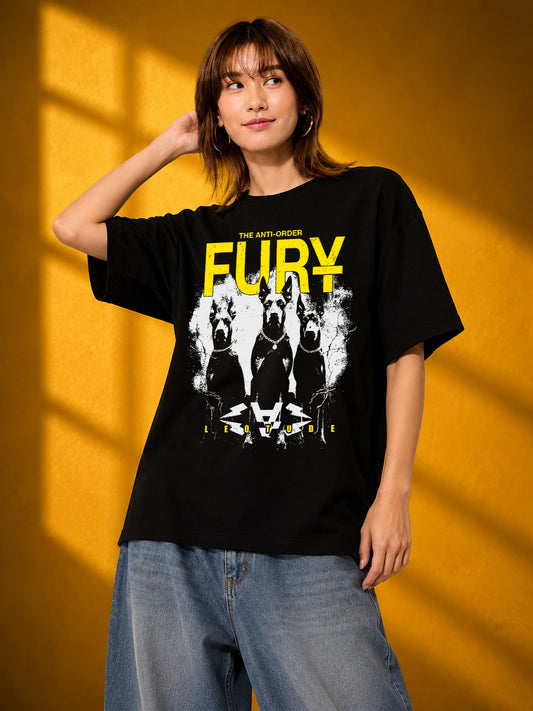 Leotude Black Fury Printed Oversized Tshirt for Women