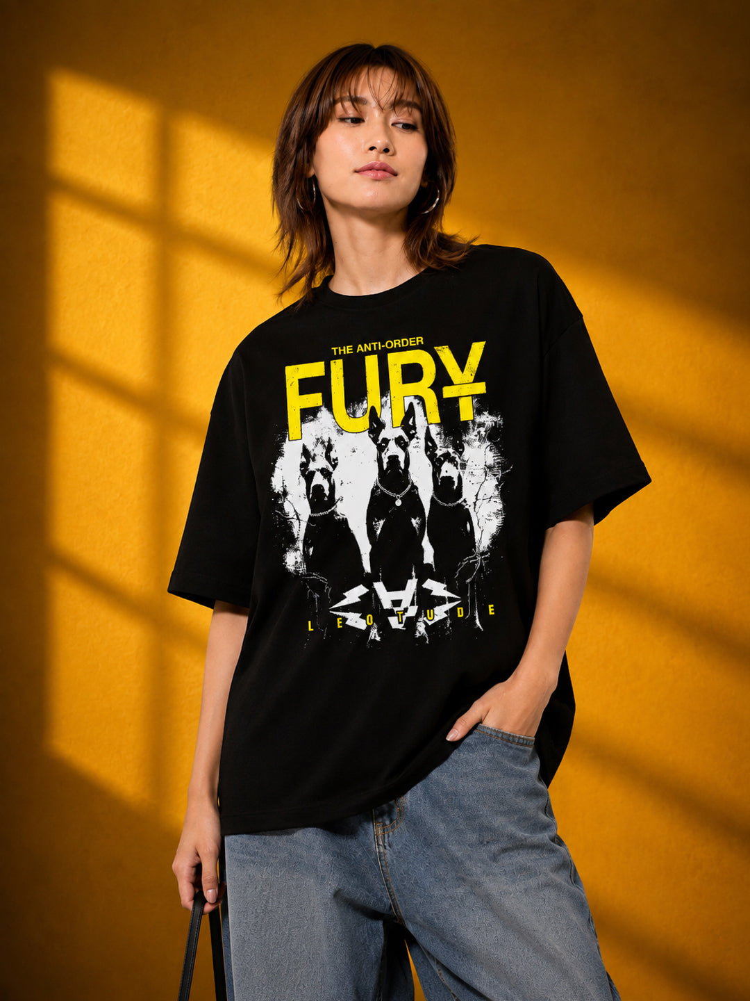 Leotude Black Fury Printed Oversized Tshirt for Women