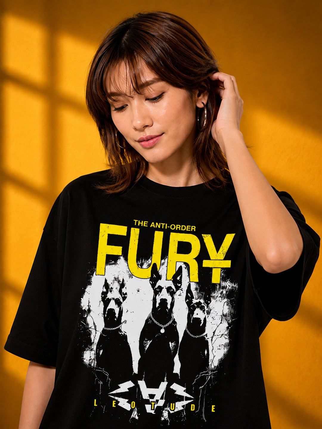Leotude Black Fury Printed Oversized Tshirt for Women