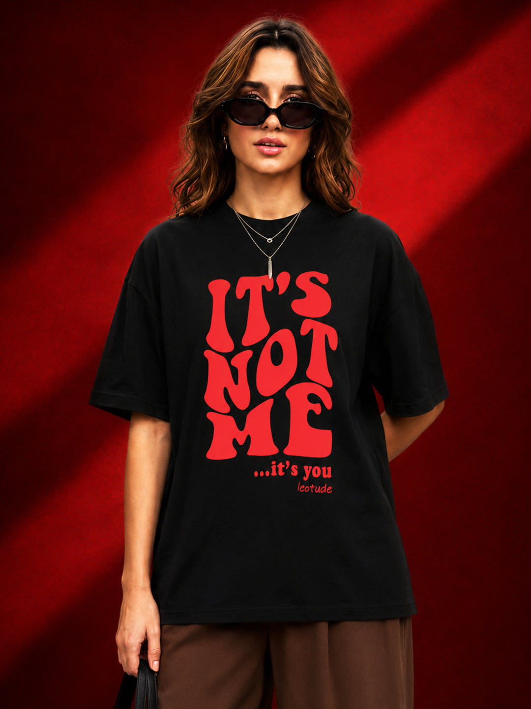Leotude Black Its Not Me Printed Oversized Tshirt for Women