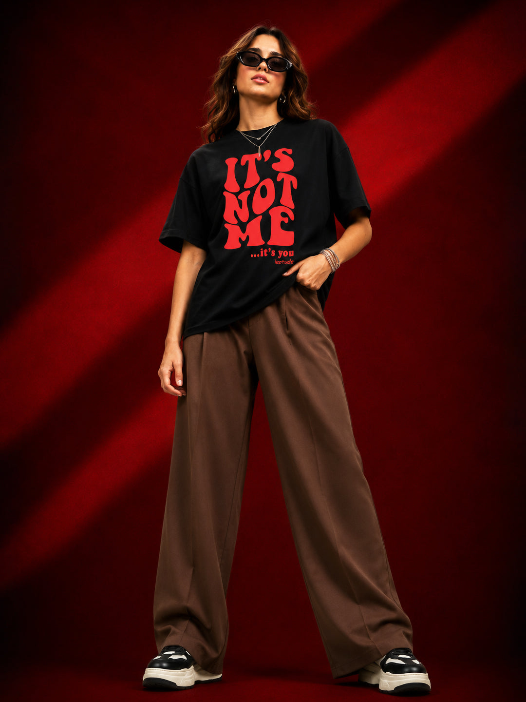 Leotude Black Its Not Me Printed Oversized Tshirt for Women