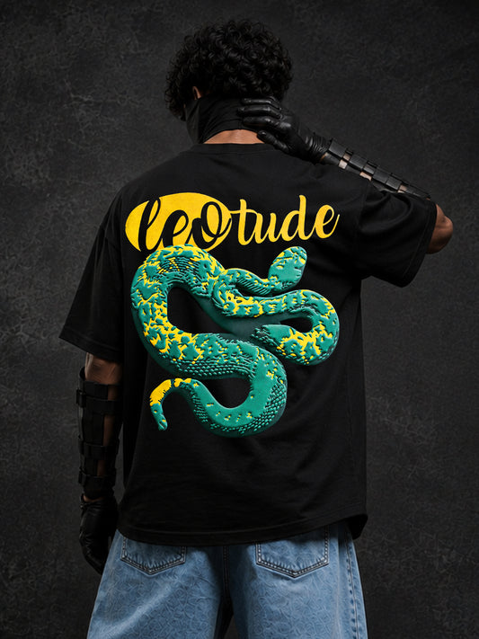Leotude Men's Black Serpent Premium Puff Print T-Shirt