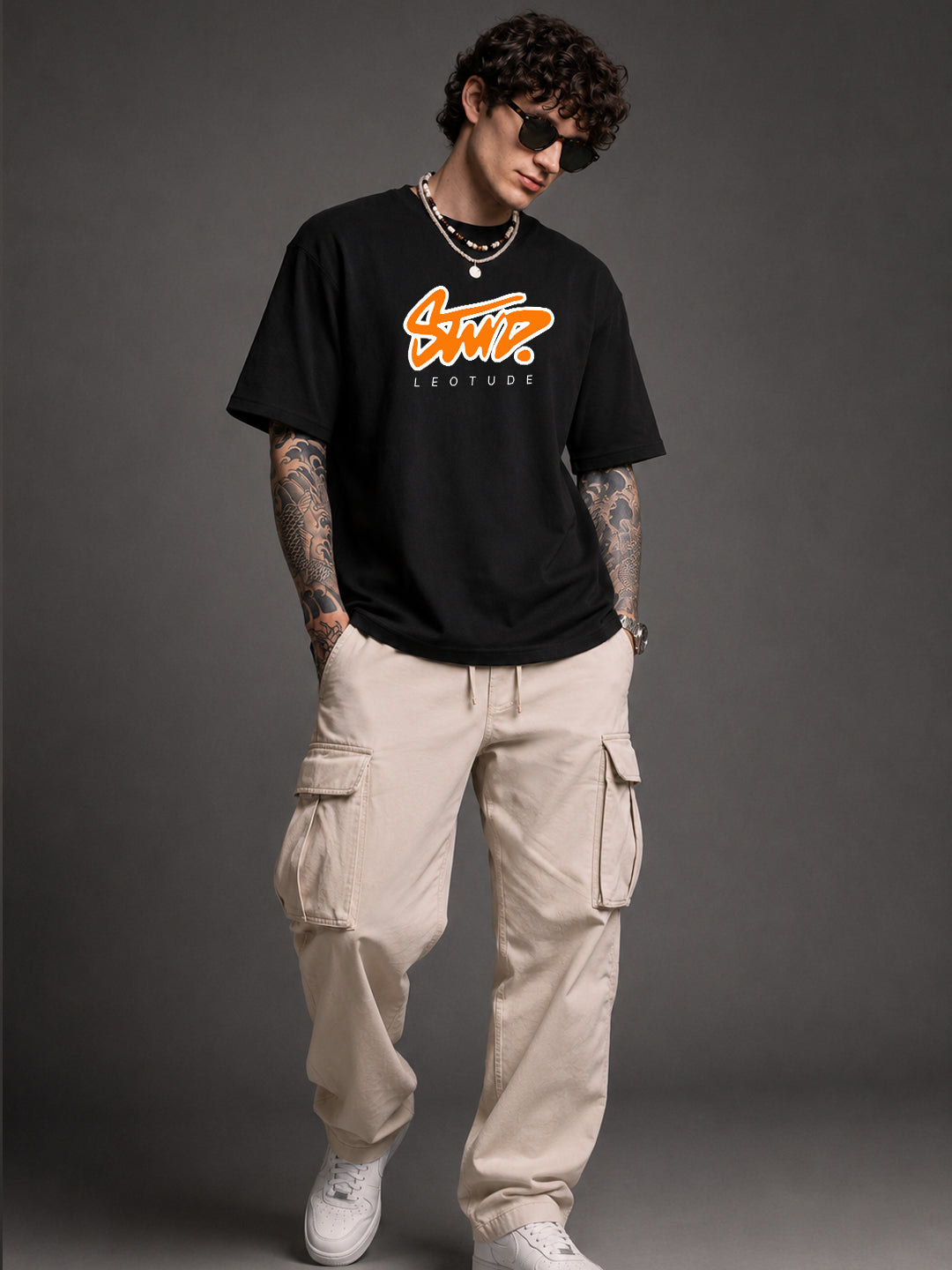 Leotude Men's "Stud" Printed Oversized T-Shirt — Black Streetwear Tee