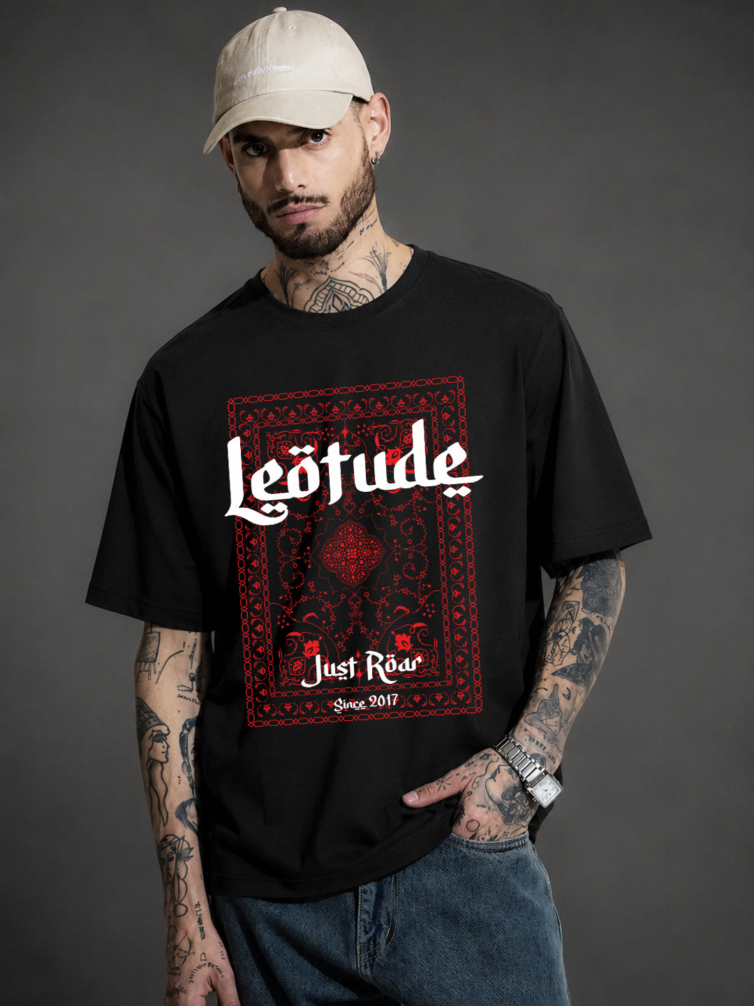 Leotude Men's "Just Roar" Bandana Print Oversized T-Shirt — Black Streetwear Tee