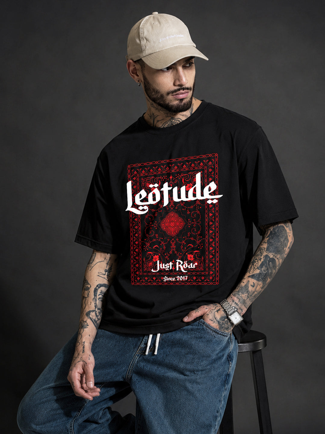 Leotude Men's "Just Roar" Bandana Print Oversized T-Shirt — Black Streetwear Tee