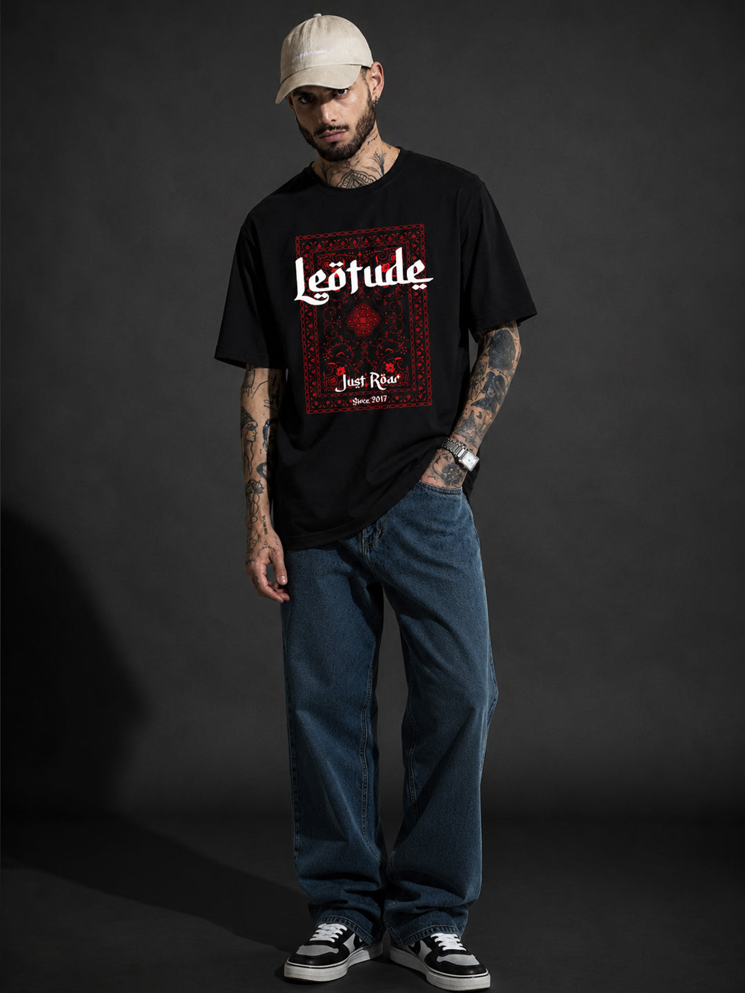 Leotude Men's "Just Roar" Bandana Print Oversized T-Shirt — Black Streetwear Tee