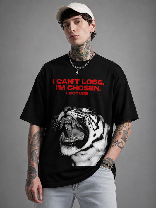 Leotude Men's "I Can't Lose" Tiger Print Oversized T-Shirt — Black Streetwear Tee