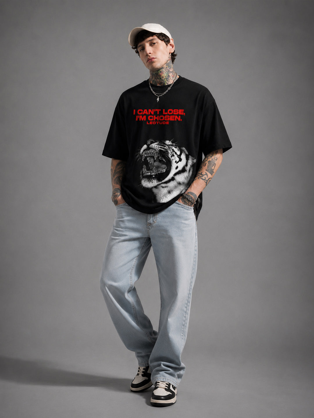 Leotude Men's "I Can't Lose" Tiger Print Oversized T-Shirt — Black Streetwear Tee