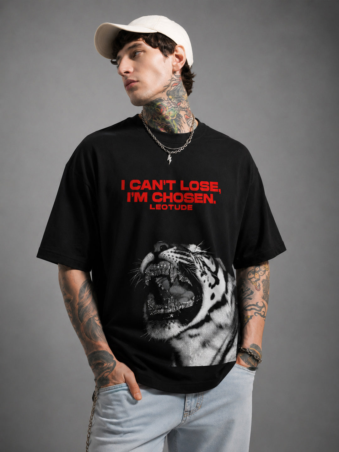 Leotude Men's "I Can't Lose" Tiger Print Oversized T-Shirt — Black Streetwear Tee