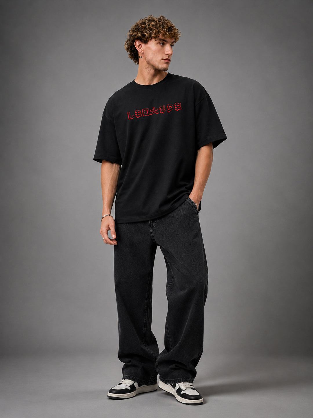 Leotude Black The Emperor Printed Oversized Tshirt for Men