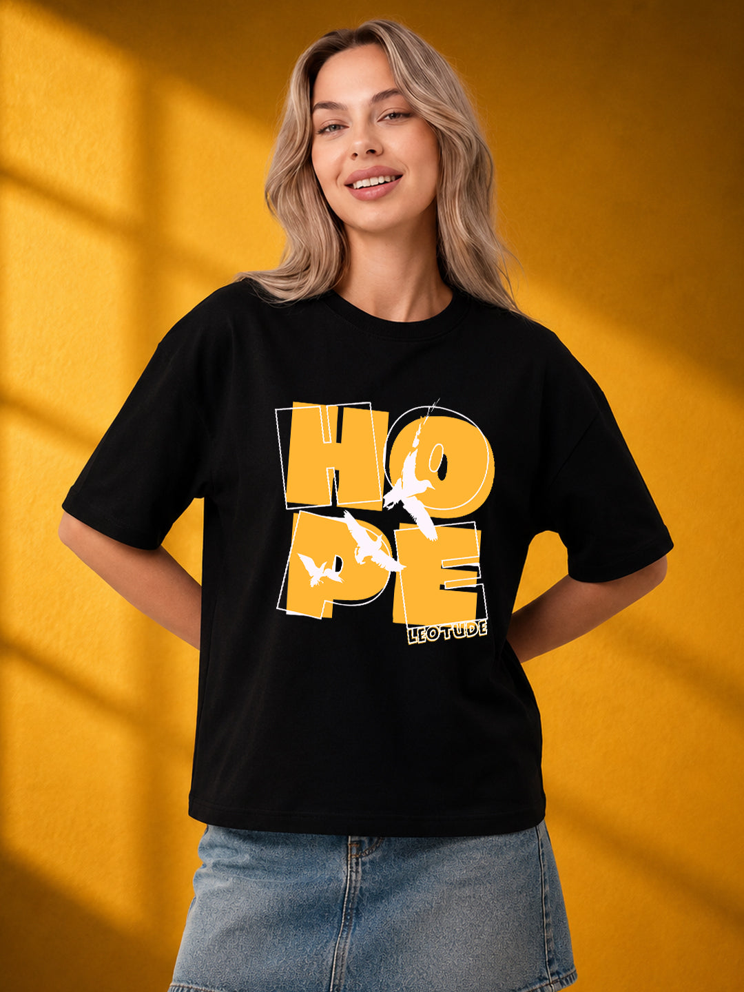 Leotude Black Hope Printed Oversized Tshirt for Women