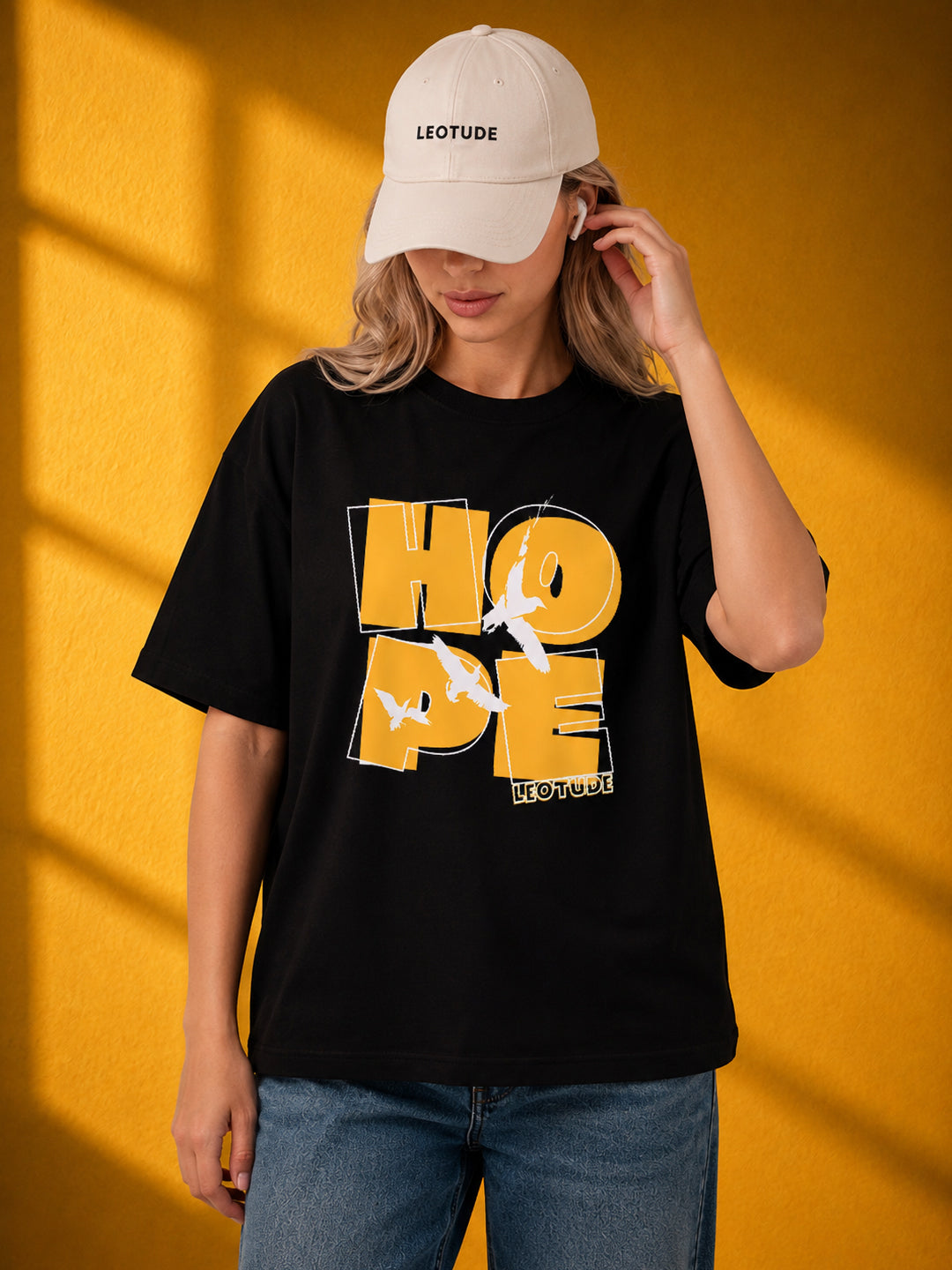 Leotude Black Hope Printed Oversized Tshirt for Women
