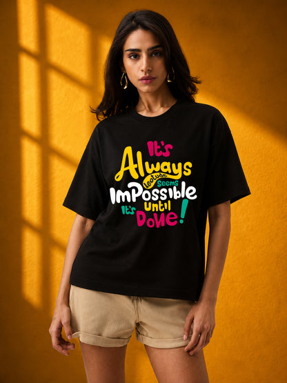 Leotude Black Impossible Printed Oversized Tshirt for Women