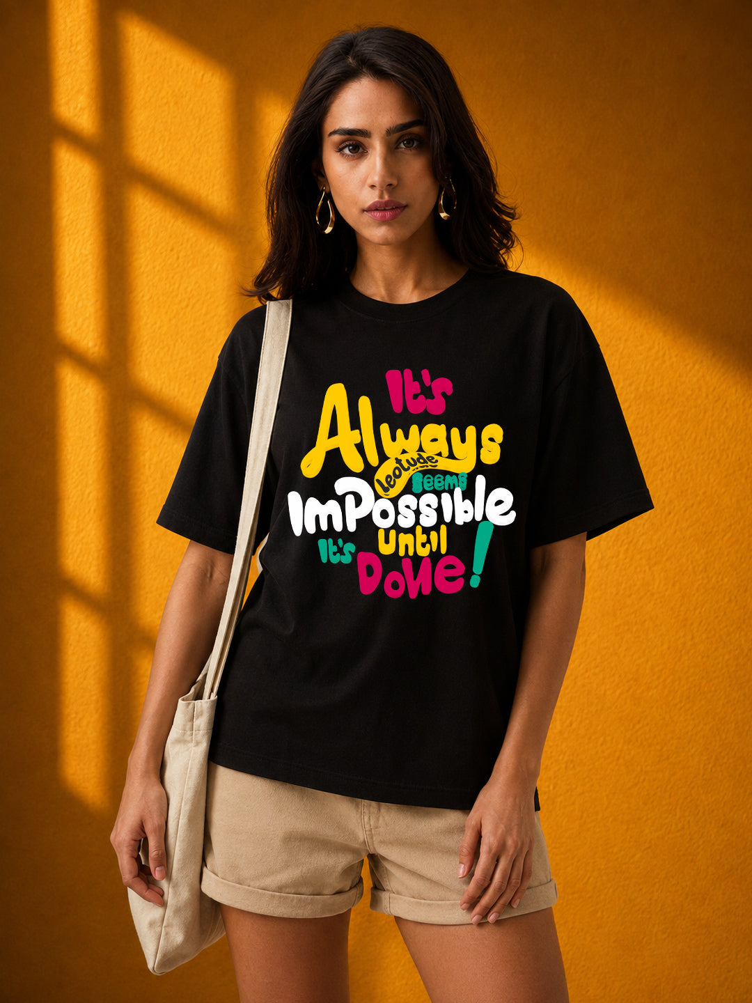 Leotude Black Impossible Printed Oversized Tshirt for Women