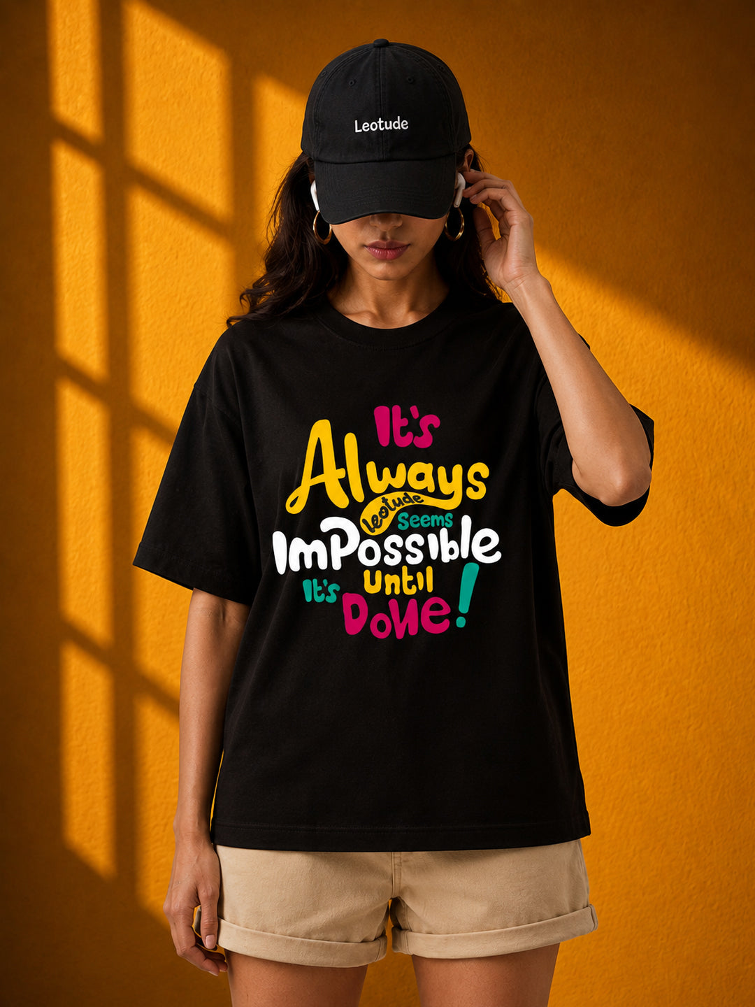 Leotude Black Impossible Printed Oversized Tshirt for Women