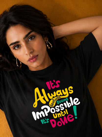 Leotude Black Impossible Printed Oversized Tshirt for Women