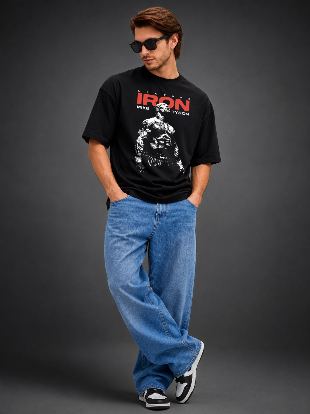 Leotude Men's Mike Tyson Iron Graphic Printed Black Oversized T-Shirt