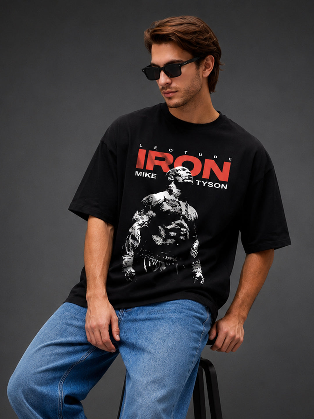 Leotude Men's Mike Tyson Iron Graphic Printed Black Oversized T-Shirt