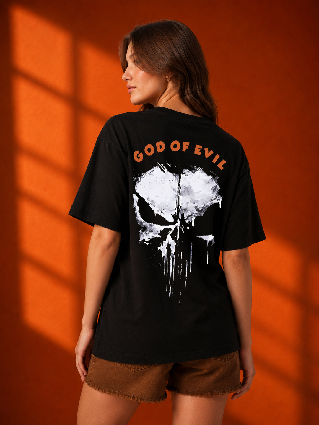 Leotude Women's God of Evil Skull Printed Black Oversized T-Shirt